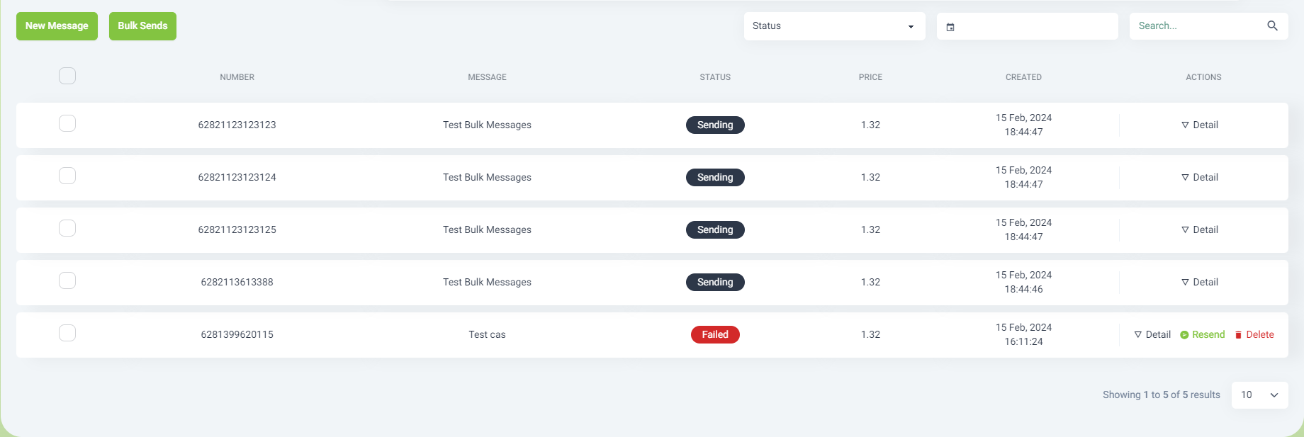 Bulk Message Status Table